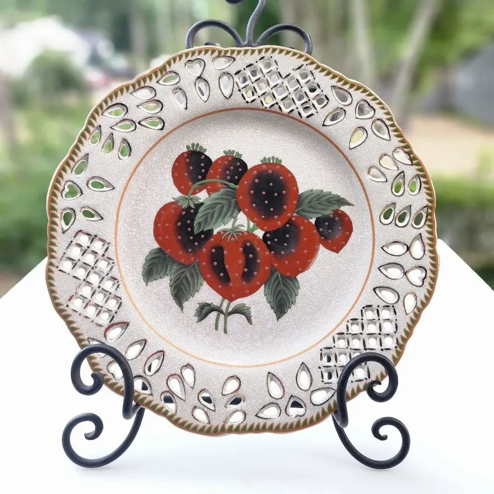 Set of Two Vintage Reticulated Porcelain Plates With Botanical Fruit Design 10.5